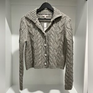 J Crew Cableknit gray turtleneck cardigan sweater Wool Alpaca blend S gem button